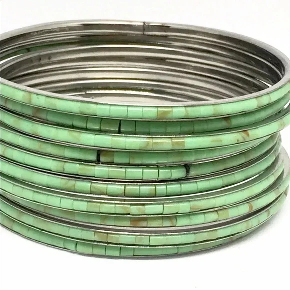 Stack Of 10 Bangles Bracelets Inlaid She’ll Handmade Turquoise - Picture 2 of 14